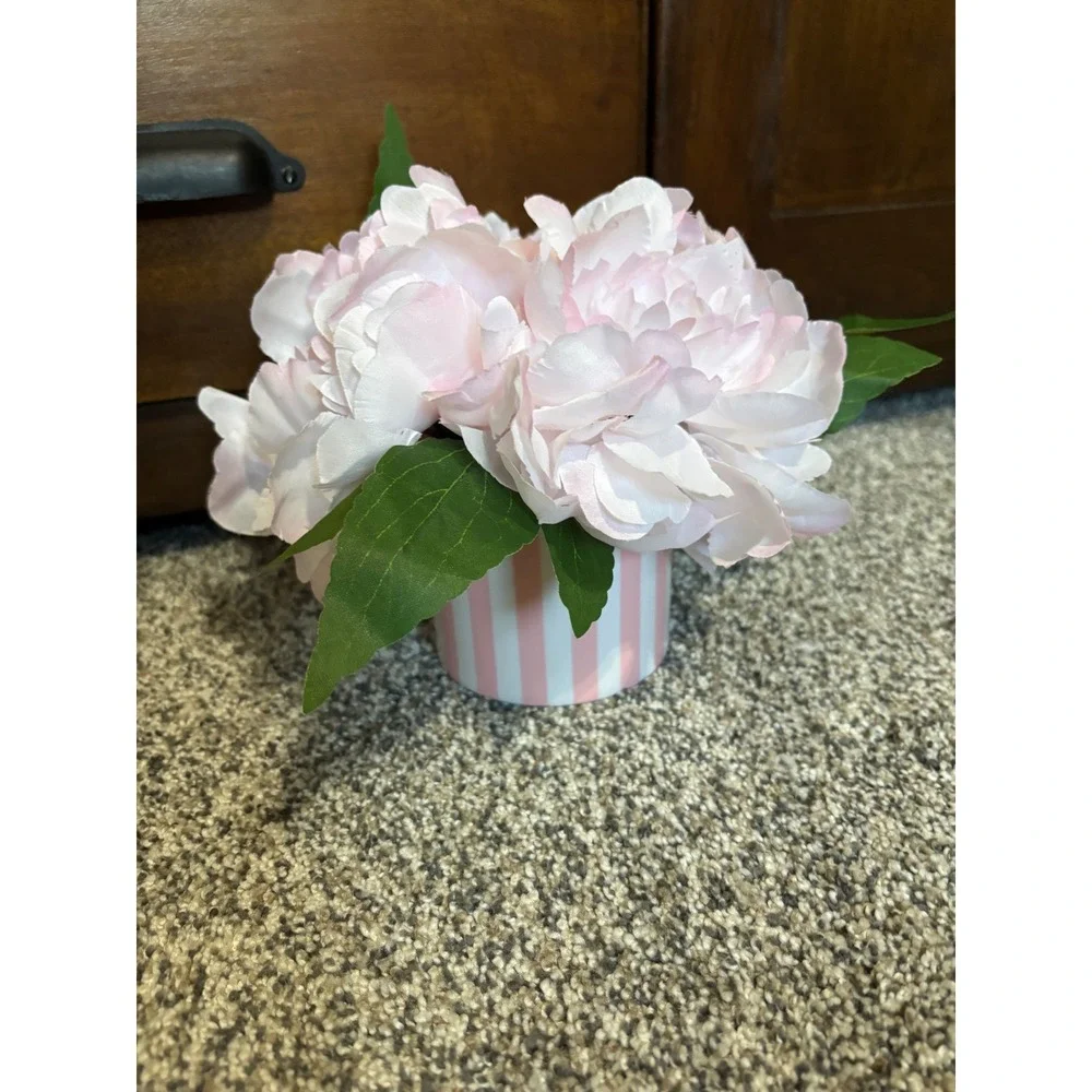 Pink Faux Peony Floral Arrangement in Pink White Striped Pot Decorative Accent